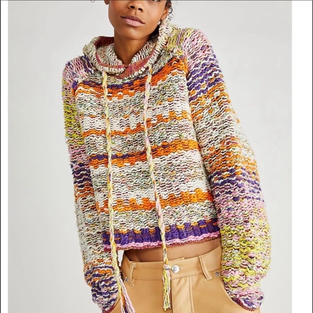 NWT Free People Winter Bright Hoodie in Rainbow Citrus Combo XS